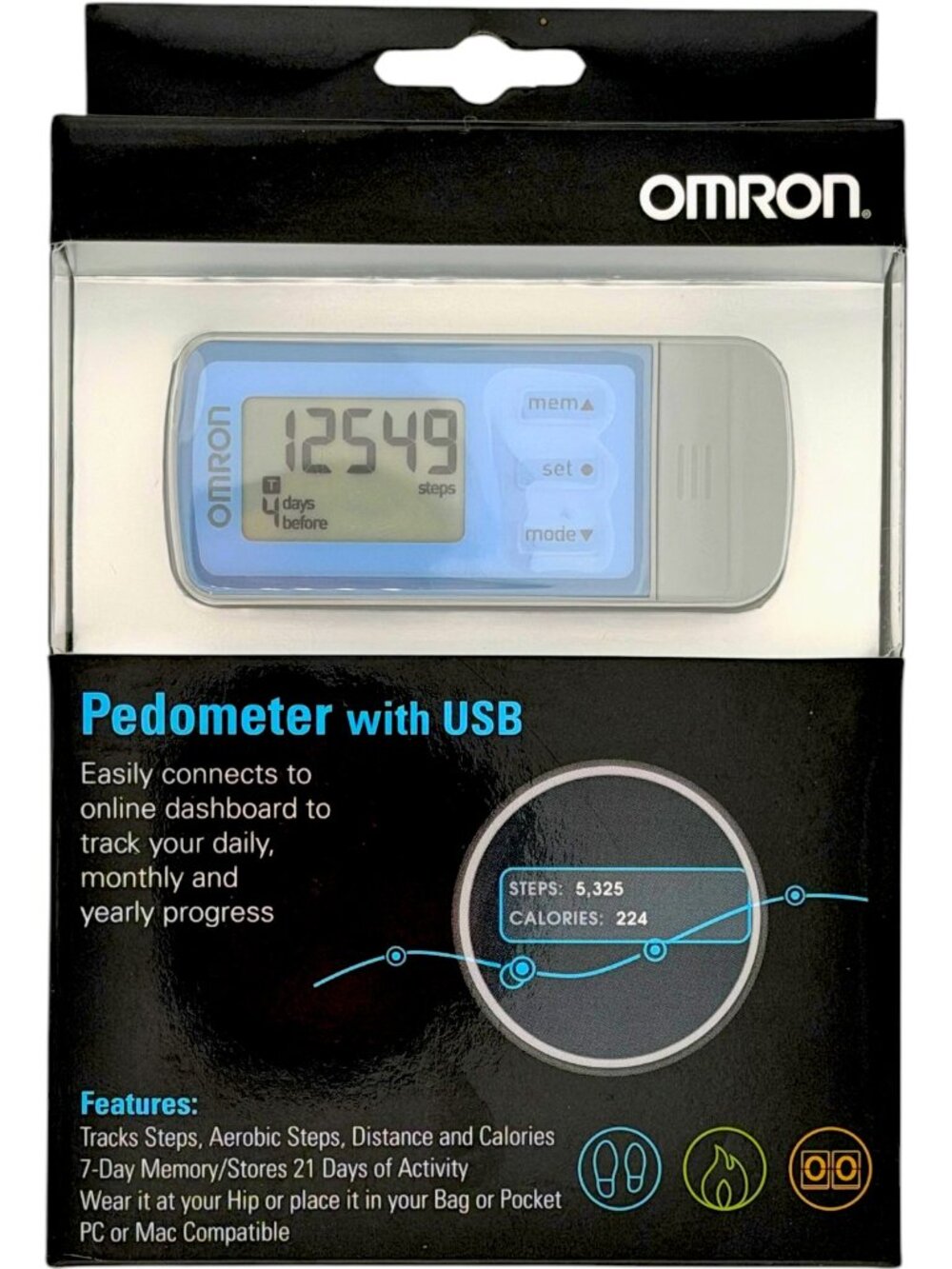 Omron HJ-322U Tri-Axis USB Pedometer Step Counter Distance Calorie Tracker Blue